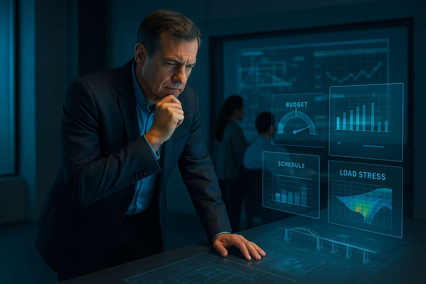Senior civil engineer analysing bridge data, budget, and stress models to make a key decision