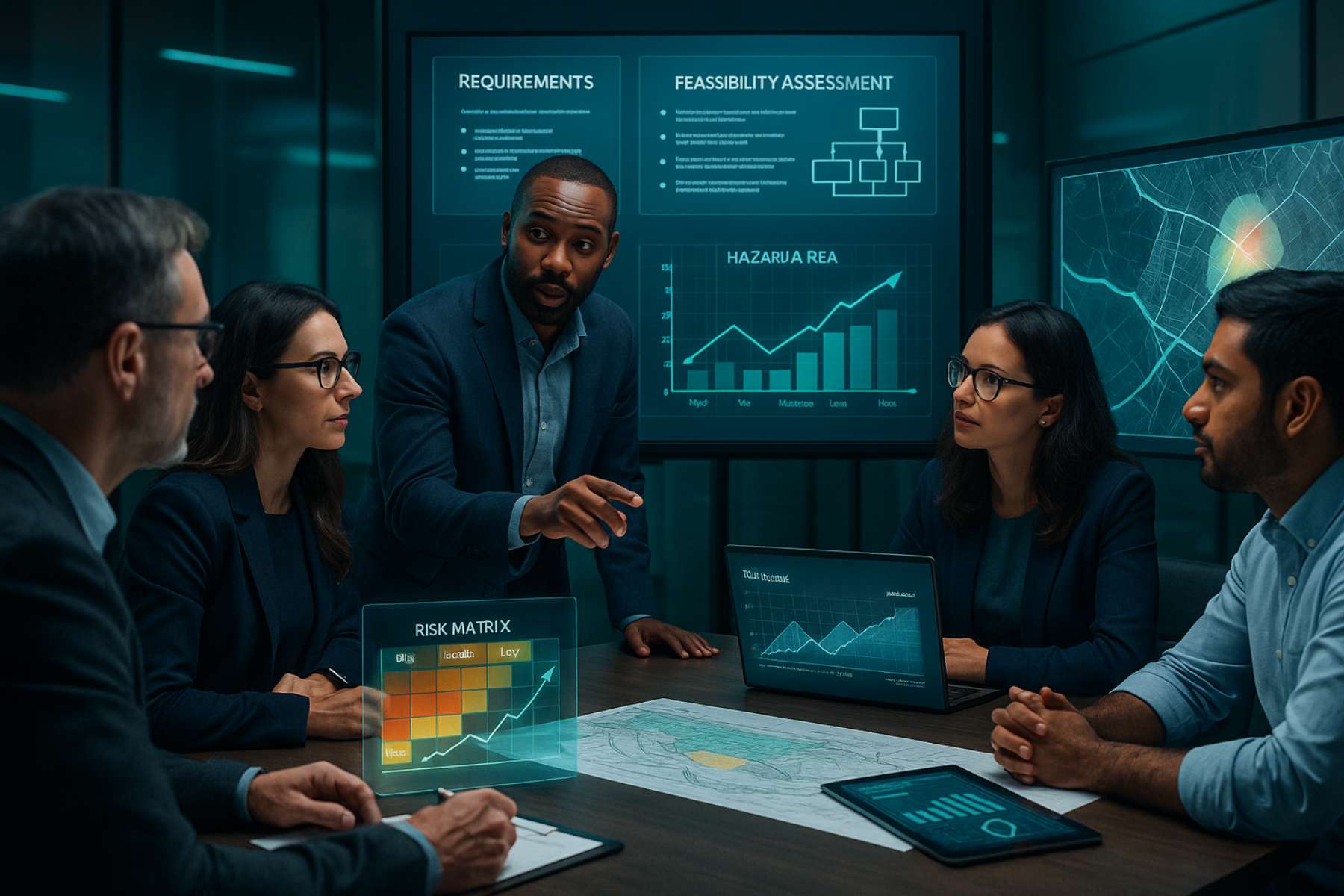 Civil engineers analysing risk matrices, site maps and feasibility data in a project review