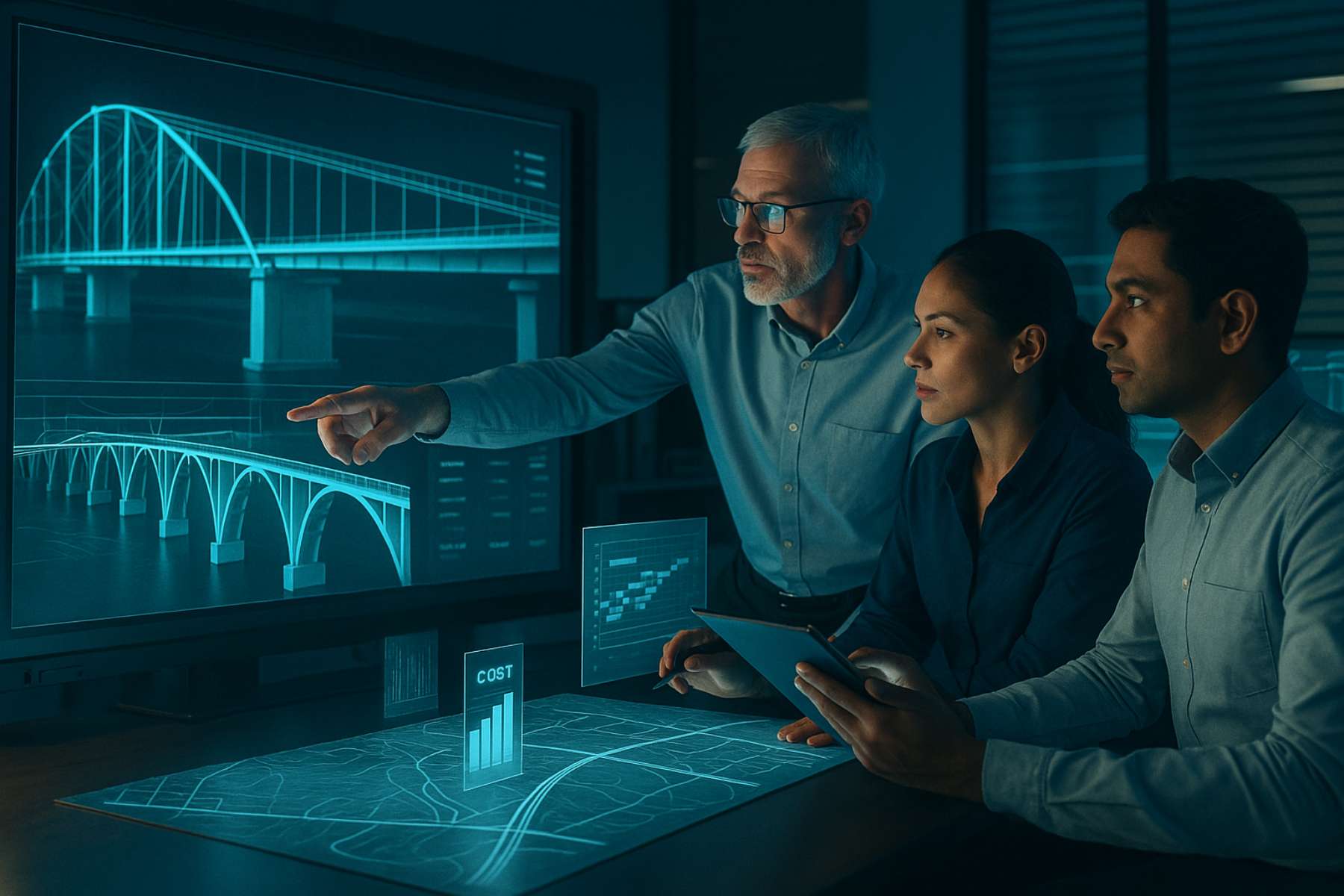 Civil engineers collaborating on bridge design models and evaluating project data