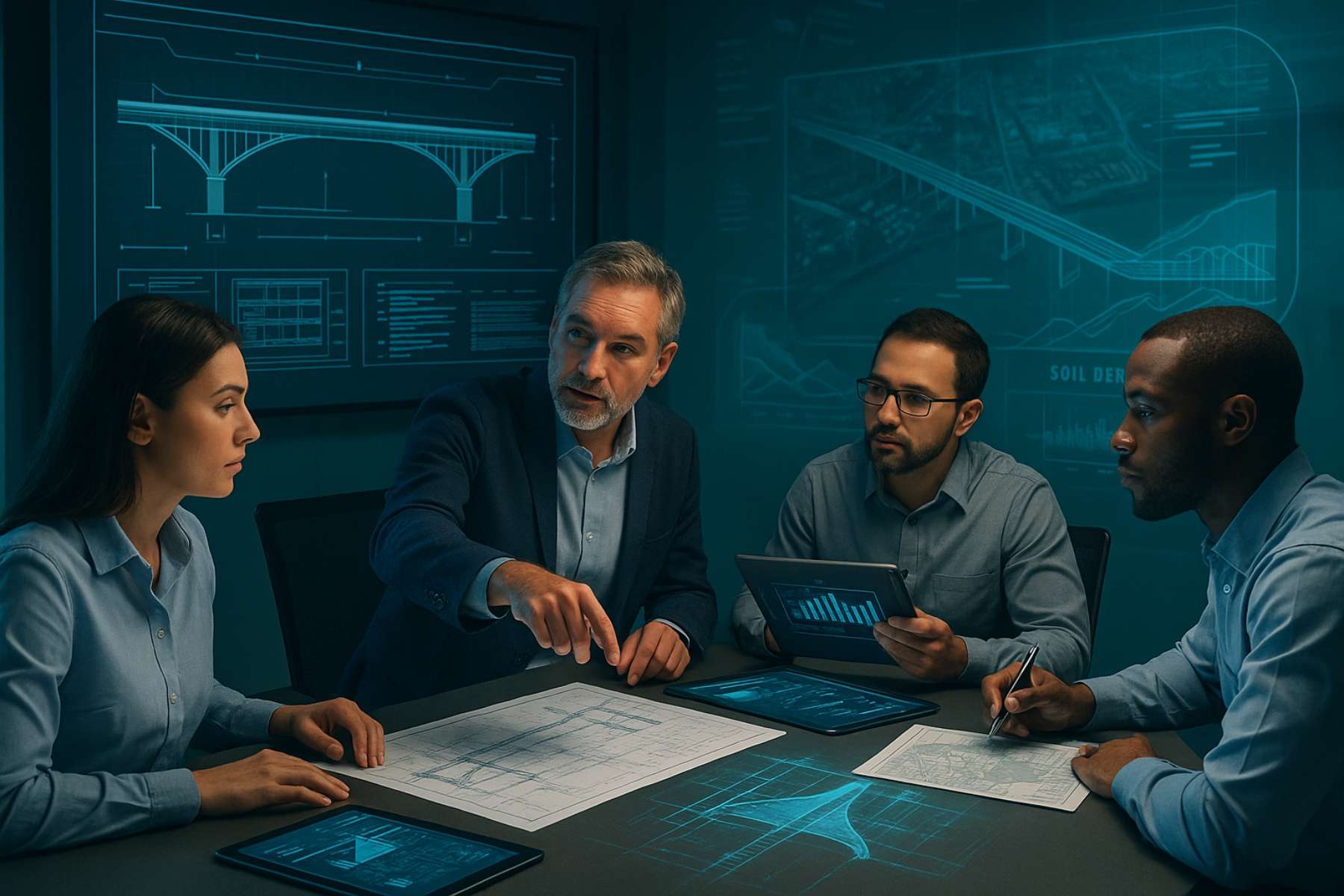 Civil engineers reviewing project techniques and digital bridge plans collaboratively