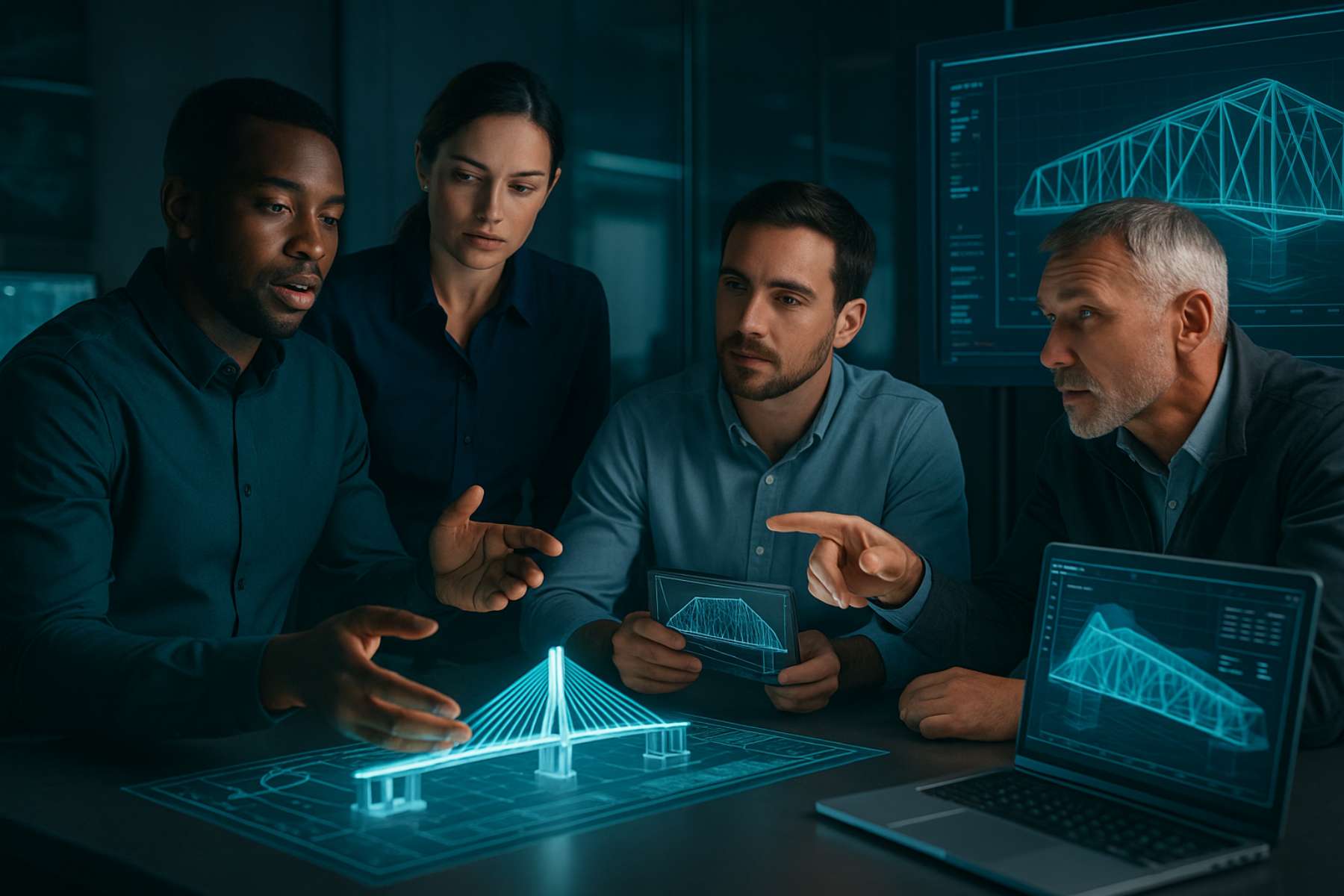 Civil engineers evaluating digital bridge models and structural data in a modern workspace
