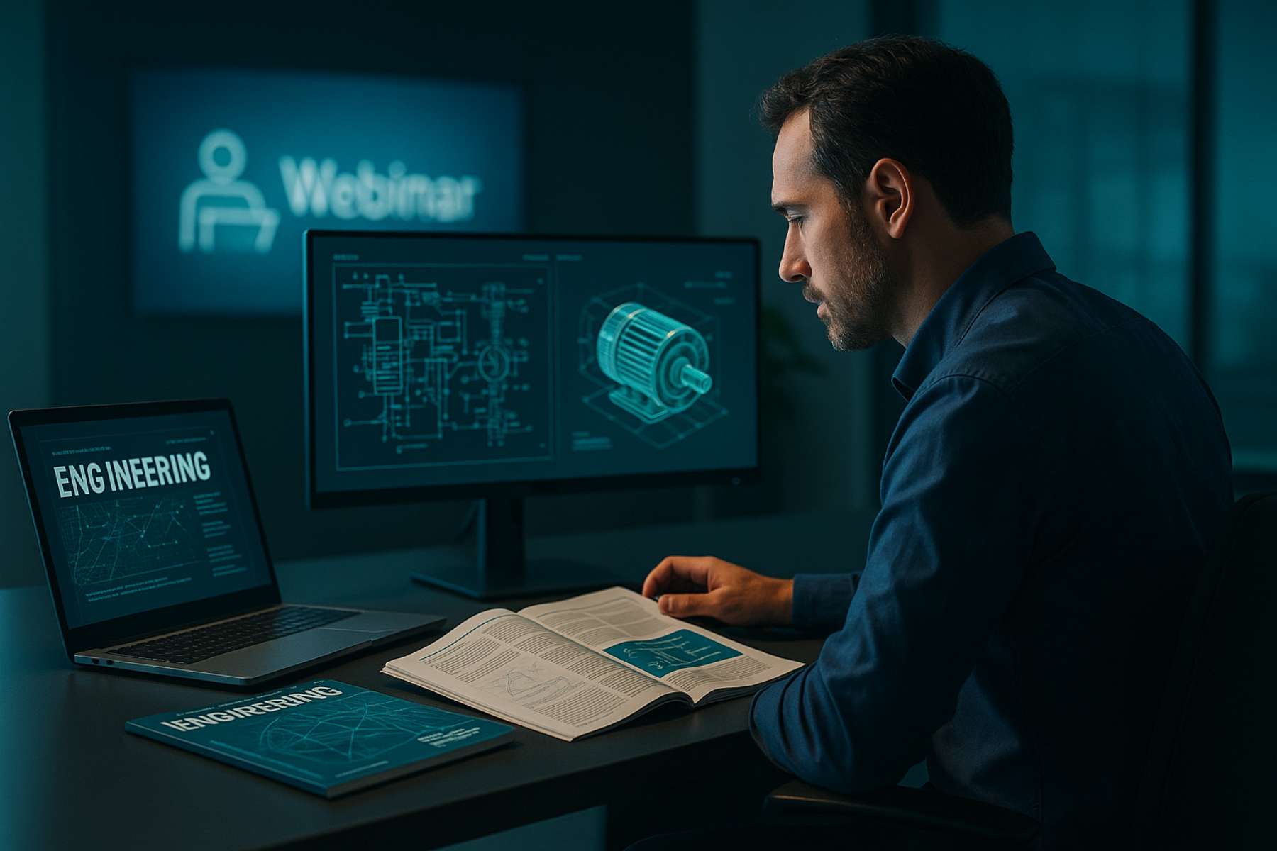 Engineer reading journals and attending a tech workshop in modern workspace