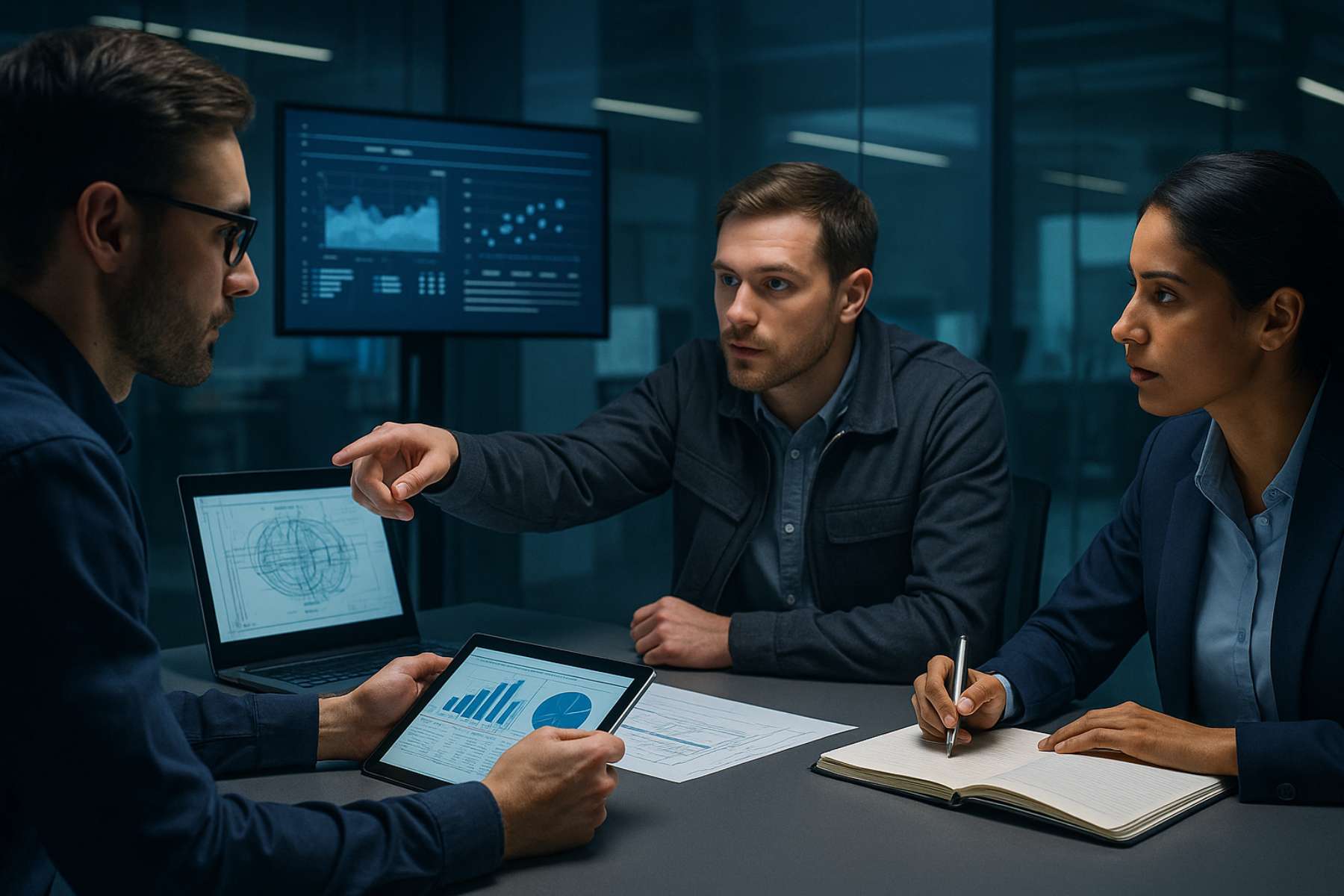 Engineers analysing data and discussing project improvements in a modern workspace