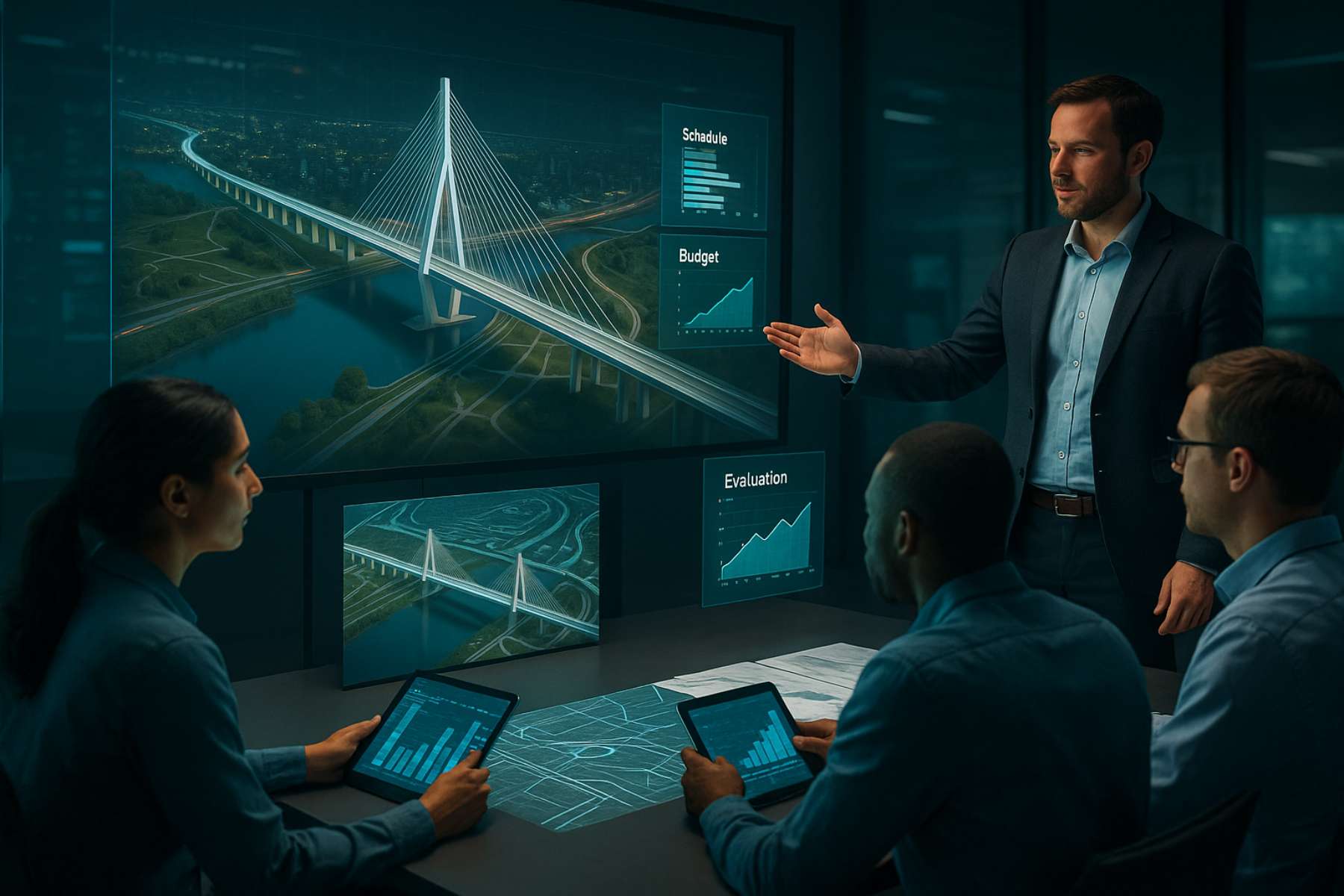 Lead engineer presenting a bridge project design and evaluating progress with the team