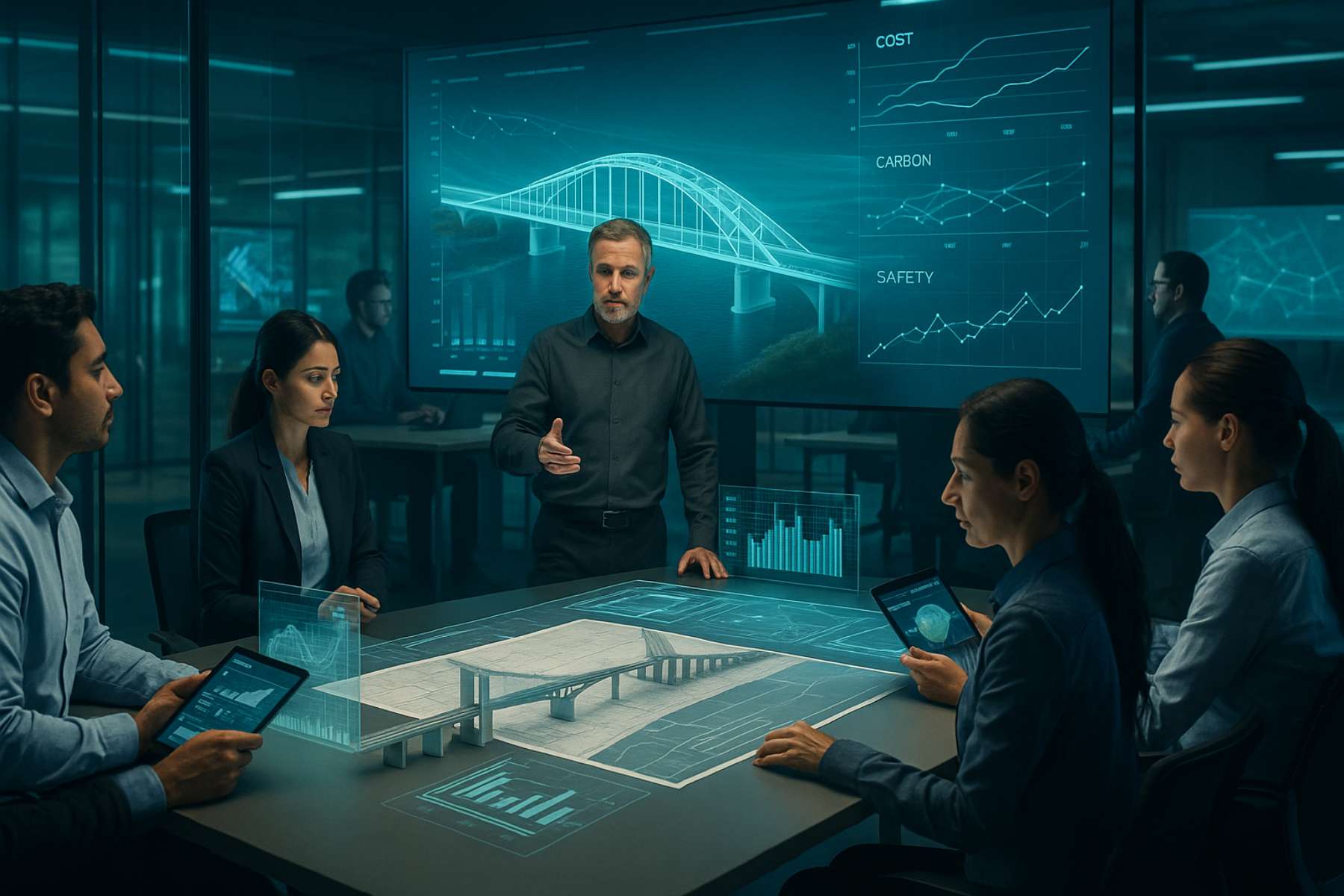 Civil engineers collaborating in a futuristic workspace with 3D bridge models and project analytics