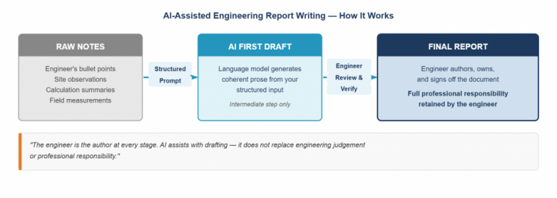 AI-assisted engineering report writing workflow diagram